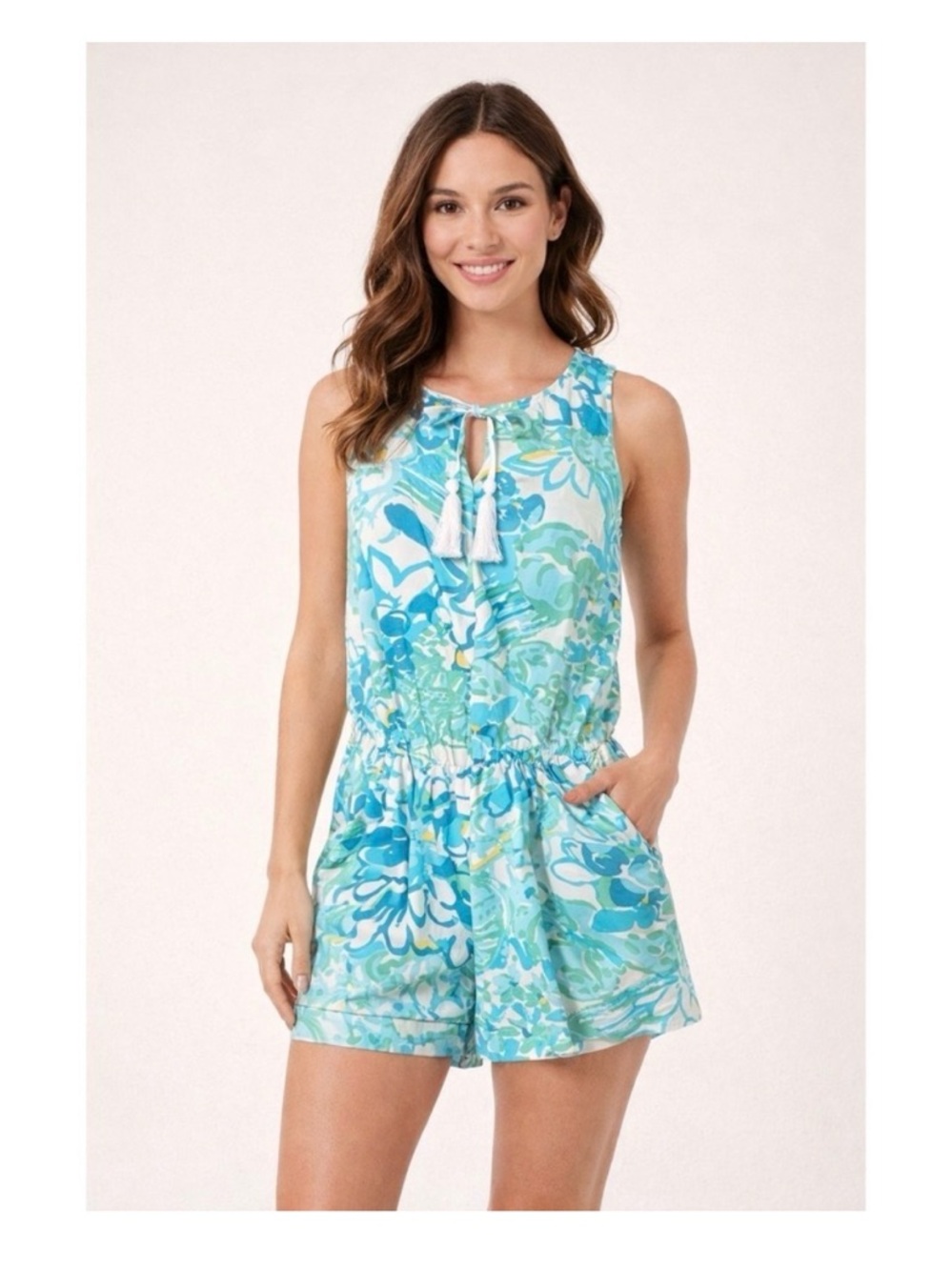 Lilly Pulitzer Shorts Romper Sleeveless Tassel Tie Romper Blue Green Print XS